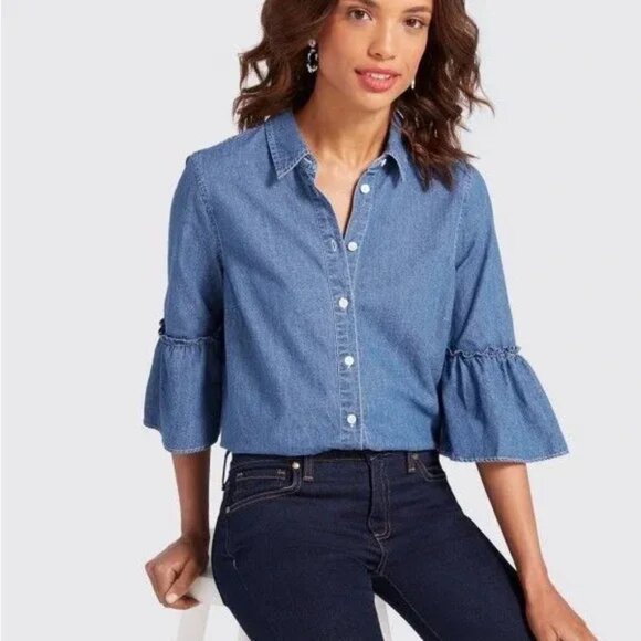 Draper James Chambray Bell Sleeve Button Front Shirt, Size 4 - Picture 1 of 5